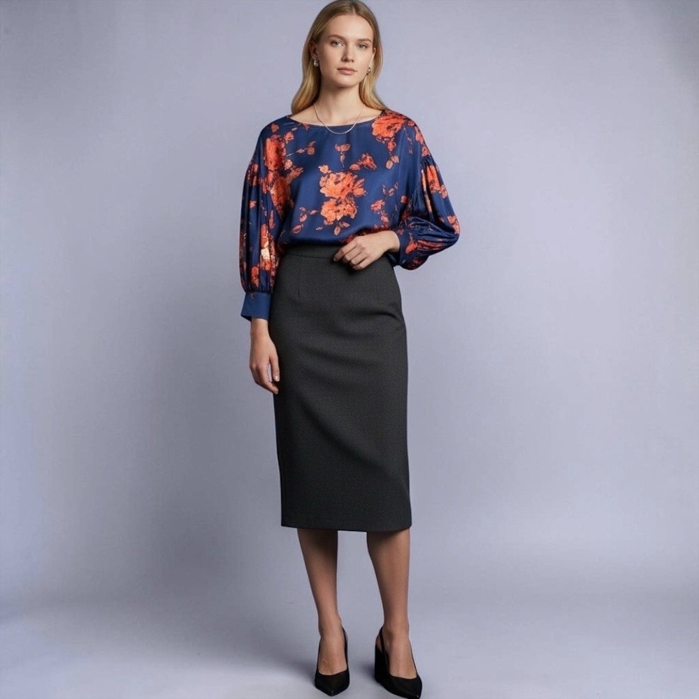 Odille Anthropologie Navy Orange Floral‎ Silk Button Back Balloon Sleeve Top 0